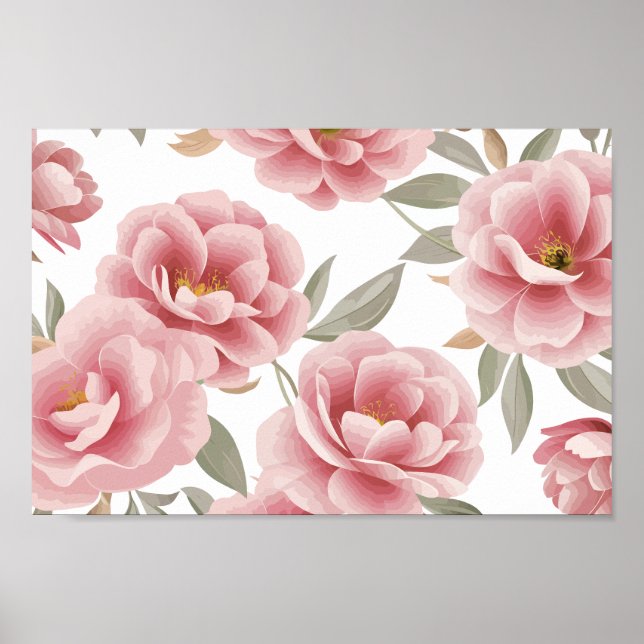 Elegant Pink Camellia Floral with Green Leaves Poster (Front)