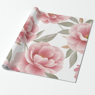 Elegant Pink Camellia Floral with Green Leaves Wrapping Paper