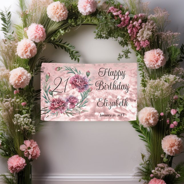 Elegant Pink Carnations 21st Birthday Party  Banner (Elegant Pink and Mauve Carnations 21st Birthday Party 3 ft x 5 ft Banner)
