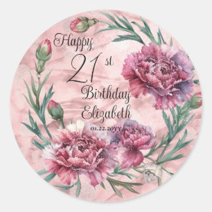 Elegant Pink Carnations 21st Birthday Party  Classic Round Sticker