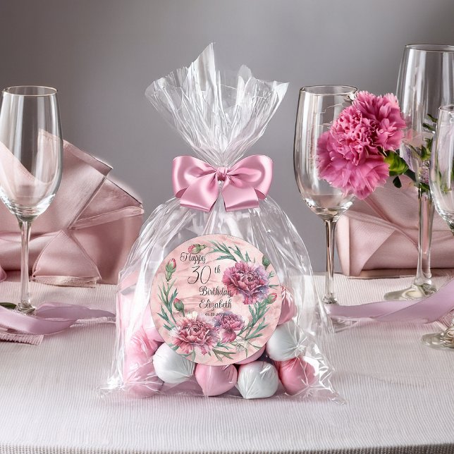 Elegant Pink Carnations 30th Birthday Party Classic Round Sticker (Elegant Pink Carnations 30th Birthday Party Favor Classic Round Stickers - 2 Sizes)