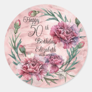Elegant Pink Carnations 50th Birthday Party  Classic Round Sticker