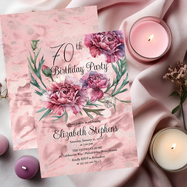 Elegant Pink Carnations 70th Birthday Party  Invitation (Elegant Pink and Mauve Carnations 70th Birthday Party Invitation)