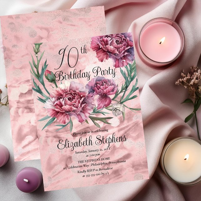 Elegant Pink Carnations 90th Birthday Party  Invitation (Elegant Pink and Mauve Carnations 90th Birthday Party Invitation)