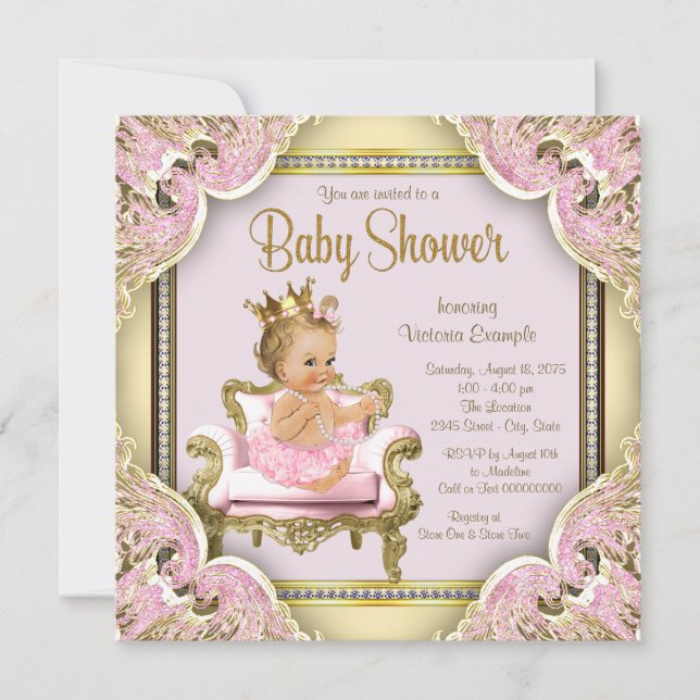 Elegant Pink Chair Pearls Pink Gold Baby Shower Invitation (Front)