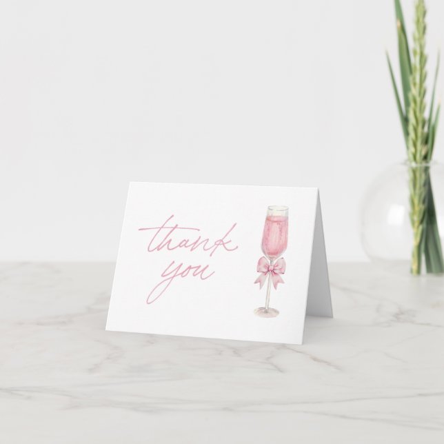 Elegant Pink Champagne Bow Shower Thank You Card (Front)