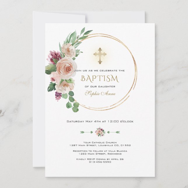 Elegant Pink Champagne Floral Gold Cross Baptism Invitation (Front)
