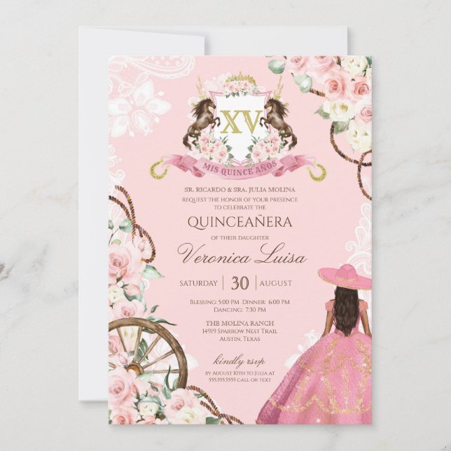 Elegant Pink Charro Quinceanera Floral  Invitation (Front)
