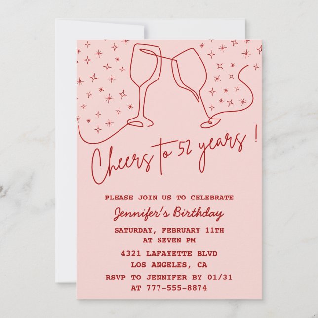 Elegant Pink Cheers Champagne 52nd birthday Invitation (Front)