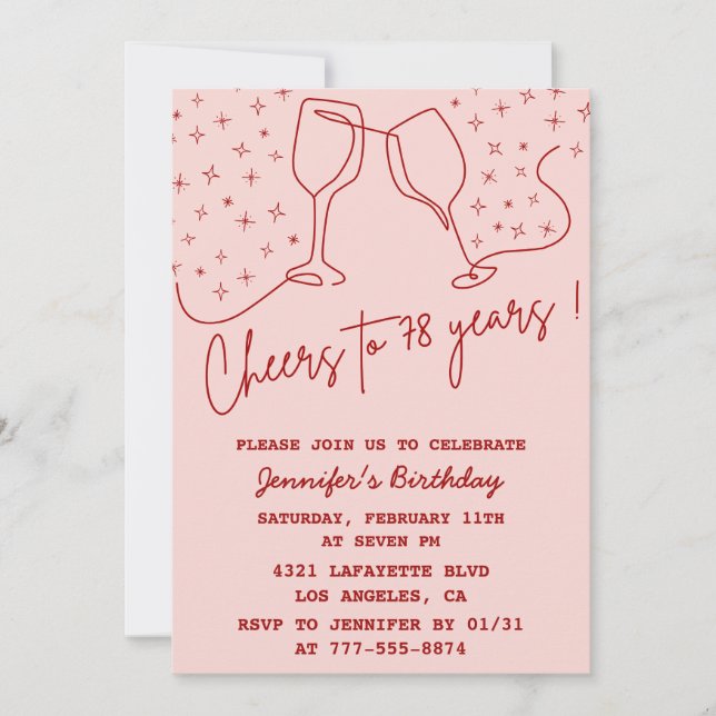 Elegant Pink Cheers Champagne 78th birthday Invitation (Front)