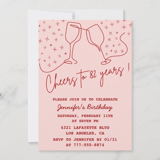 Elegant Pink Cheers Champagne 82nd birthday Invitation (Front)