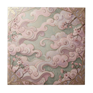 Elegant Pink Cherry Blossom Art Nouveau Swirls Tile