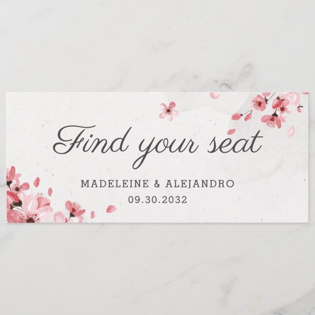 Elegant pink cherry blossom find your seat menu (Front)