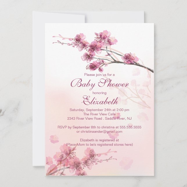 Elegant Pink Cherry Blossom Floral Baby Shower Invitation (Front)