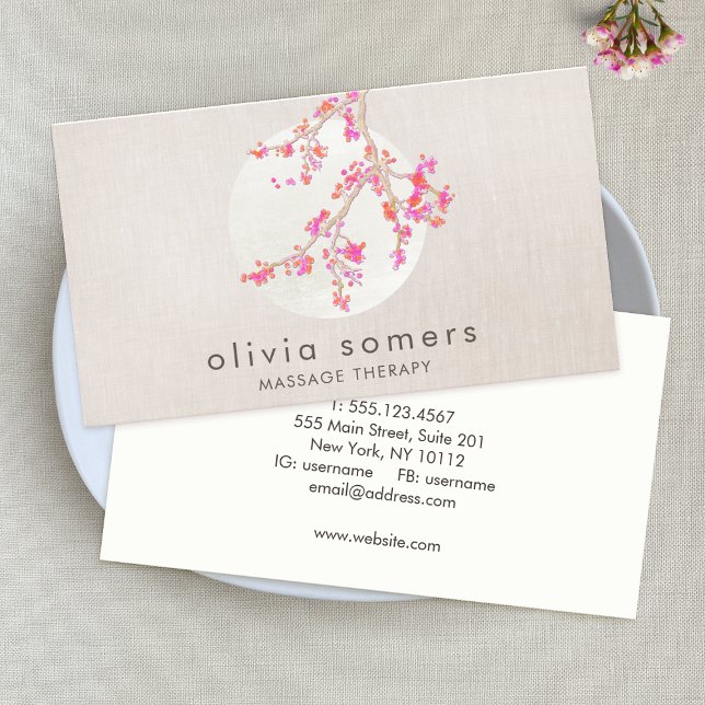 Elegant Pink Cherry Blossom Floral Linen Look Business Card (Creator Uploaded)