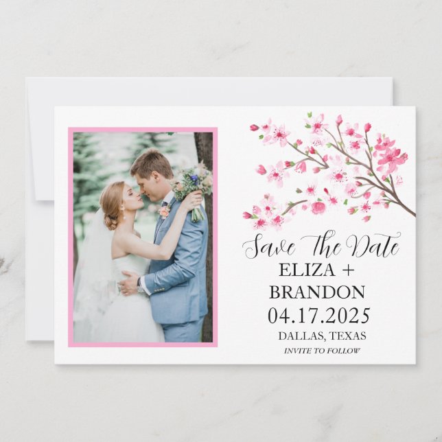 Elegant Pink Cherry Blossom Floral Photo   Save The Date (Front)