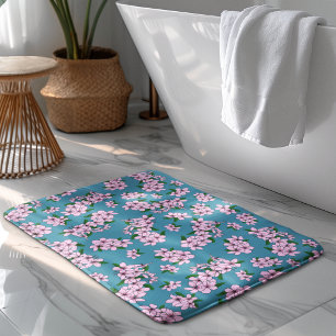 Elegant pink cherry blossom floral watercolor bath mat