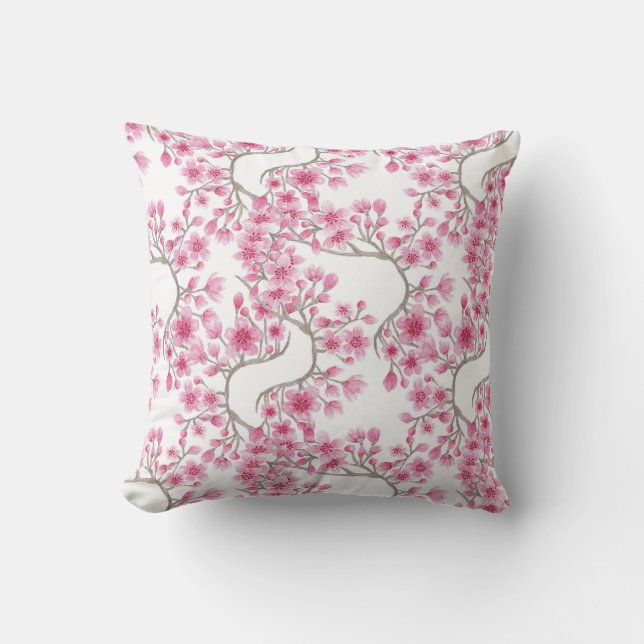 Elegant Pink Cherry Blossom Floral Watercolor Cushion (Front)
