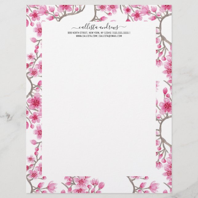Elegant Pink Cherry Blossom Floral Watercolor Custom Letterhead (Front)