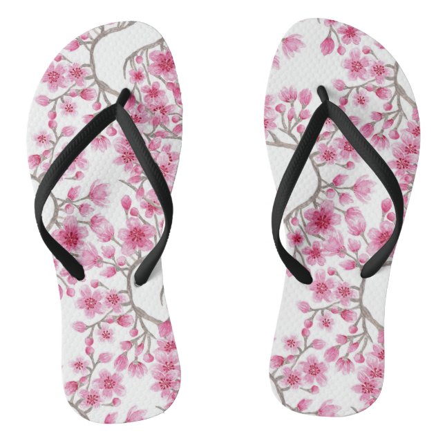 Elegant Pink Cherry Blossom Floral Watercolor Flip Flops (Footbed)