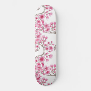 Elegant Pink Cherry Blossom Floral Watercolor Skateboard