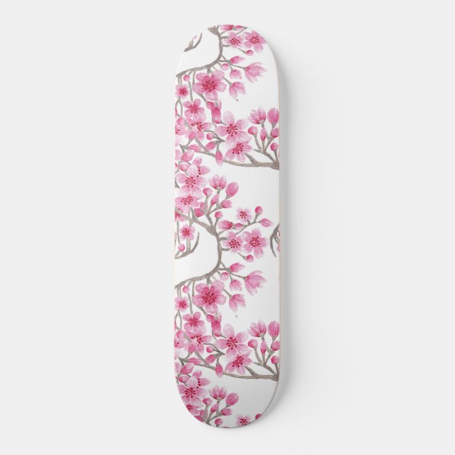 Elegant Pink Cherry Blossom Floral Watercolor Skateboard (Front)