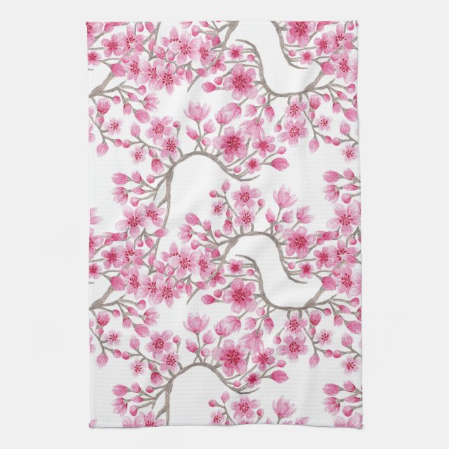 Elegant Pink Cherry Blossom Floral Watercolor Tea Towel (Vertical)