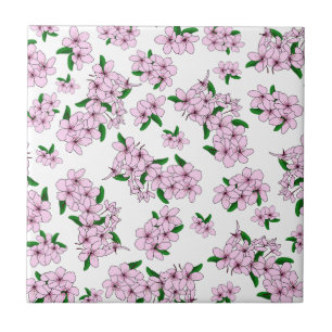 Elegant pink cherry blossom floral watercolor tile