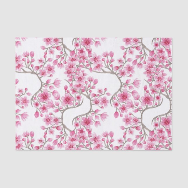 Elegant Pink Cherry Blossom Floral Watercolor Tissue Paper (Front)