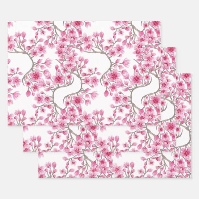 Elegant Pink Cherry Blossom Floral Watercolor Wrapping Paper Sheet (Set)