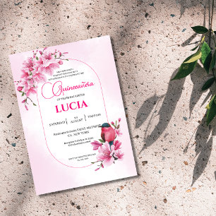 Elegant Pink Cherry Blossom Geometric Quinceañera Invitation
