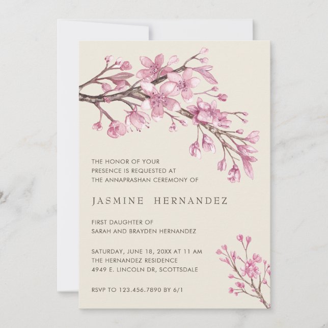 Elegant Pink Cherry Blossom Girl Annaprashan Invitation (Front)