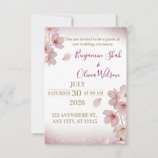 Elegant Pink Cherry Blossom Glitter Wedding Invitation