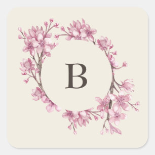 Elegant Pink Cherry Blossom Monogram Wedding Square Sticker