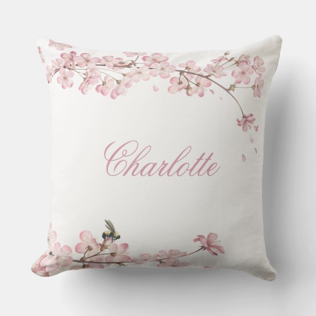 Elegant Pink Cherry Blossom Name Template  Cushion (Front)