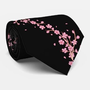 Elegant Pink Cherry Blossom on Black Silk Necktie