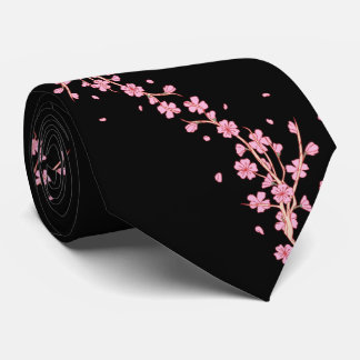 Elegant Pink Cherry Blossom on Black Silk Necktie