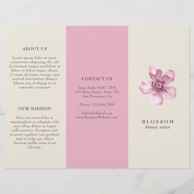 Elegant Pink Cherry Blossom Salon Trifold Brochure (Front)