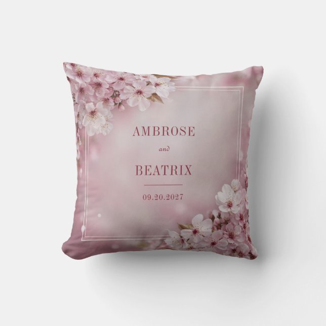 Elegant Pink Cherry Blossom Square Frame Cushion (Front)