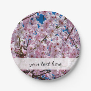 elegant pink cherry blossom tree photograph paper plate