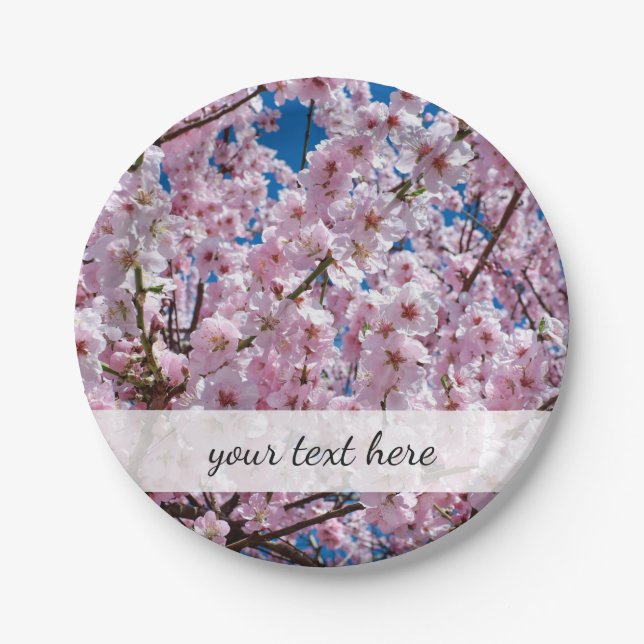 elegant pink cherry blossom tree photograph paper plate (Front)