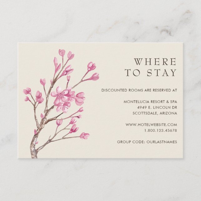Elegant Pink Cherry Blossom Wedding Accommodations Enclosure Card (Front)