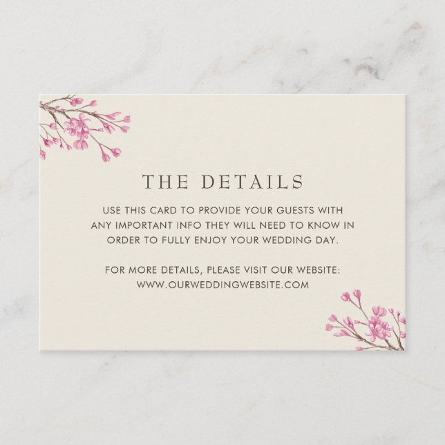 Elegant Pink Cherry Blossom Wedding Details Enclosure Card (Front)