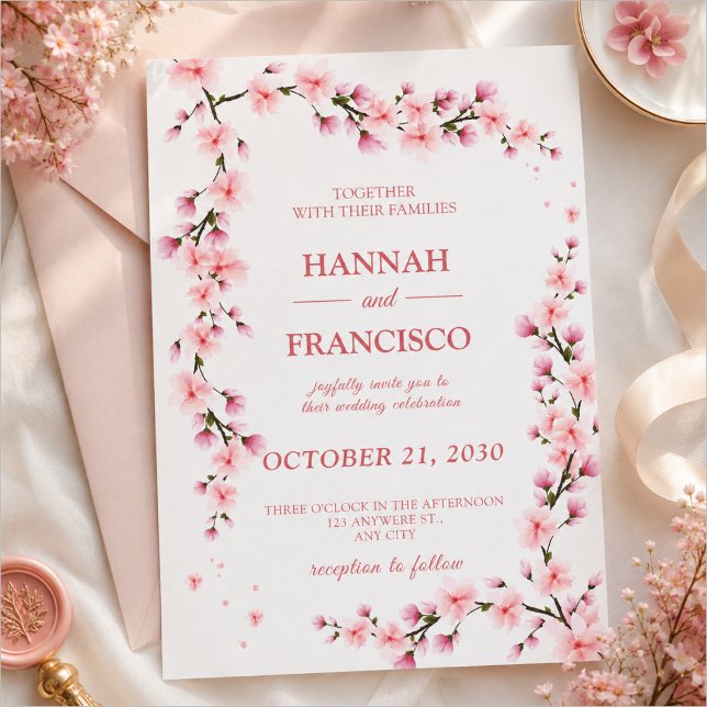 Elegant Pink Cherry Blossom Wedding Invitation (Creator Uploaded)