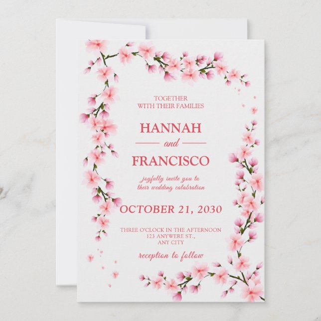Elegant Pink Cherry Blossom Wedding Invitation (Front)