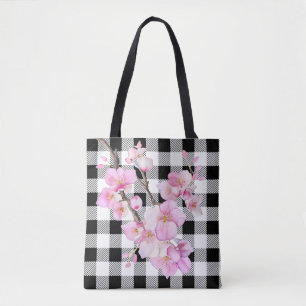 Elegant pink cherry blossoms black white gingham tote bag