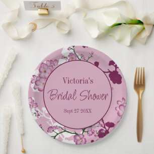 Elegant Pink Cherry Blossoms Bridal Shower Paper Plate