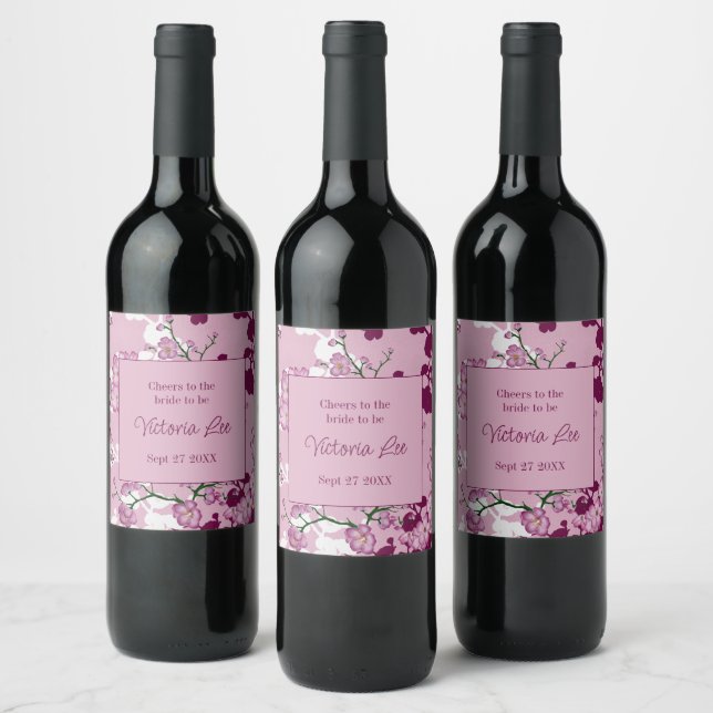 Elegant Pink Cherry Blossoms Bridal Shower Wine Label (Bottles)