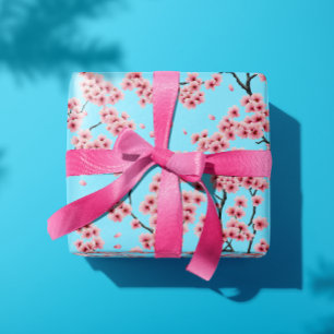 Elegant Pink Cherry Blossoms on Sky Blue  Wrapping Paper