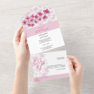 Elegant Pink Cherry Blossoms Watercolor All In One Invitation
